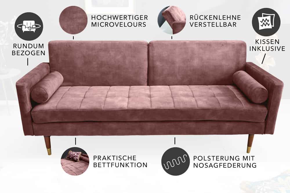 Modernes Schlafsofa COUTURE 200cm altrosa Microvelours 3-Sitzer Couch mit Schlaffunktion