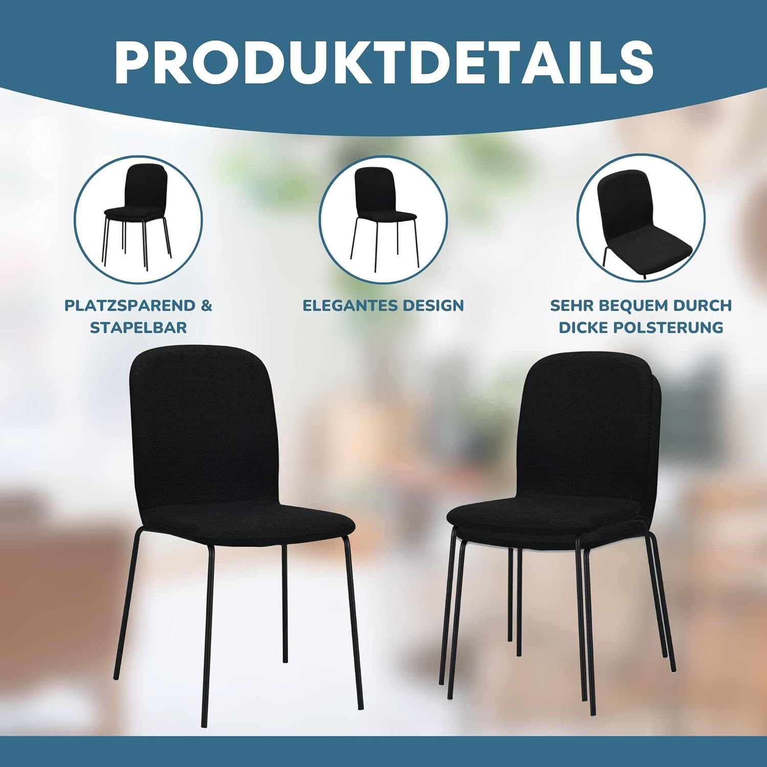 ALBATROS Esszimmerstühle 4er Set ENNA, schwarz - stapelbar, bequemer Polsterstuhl - Eleganter Küchenstuhl, Stuhl Esszimmer oder Esstisch Stuhl, Konferenzstuhl