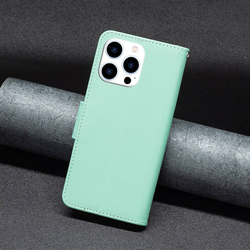 iPhone 14 Pro Leder Tasche Flip Cover im Litchi Look mit Kartenfach   Handschlaufe - Türkis