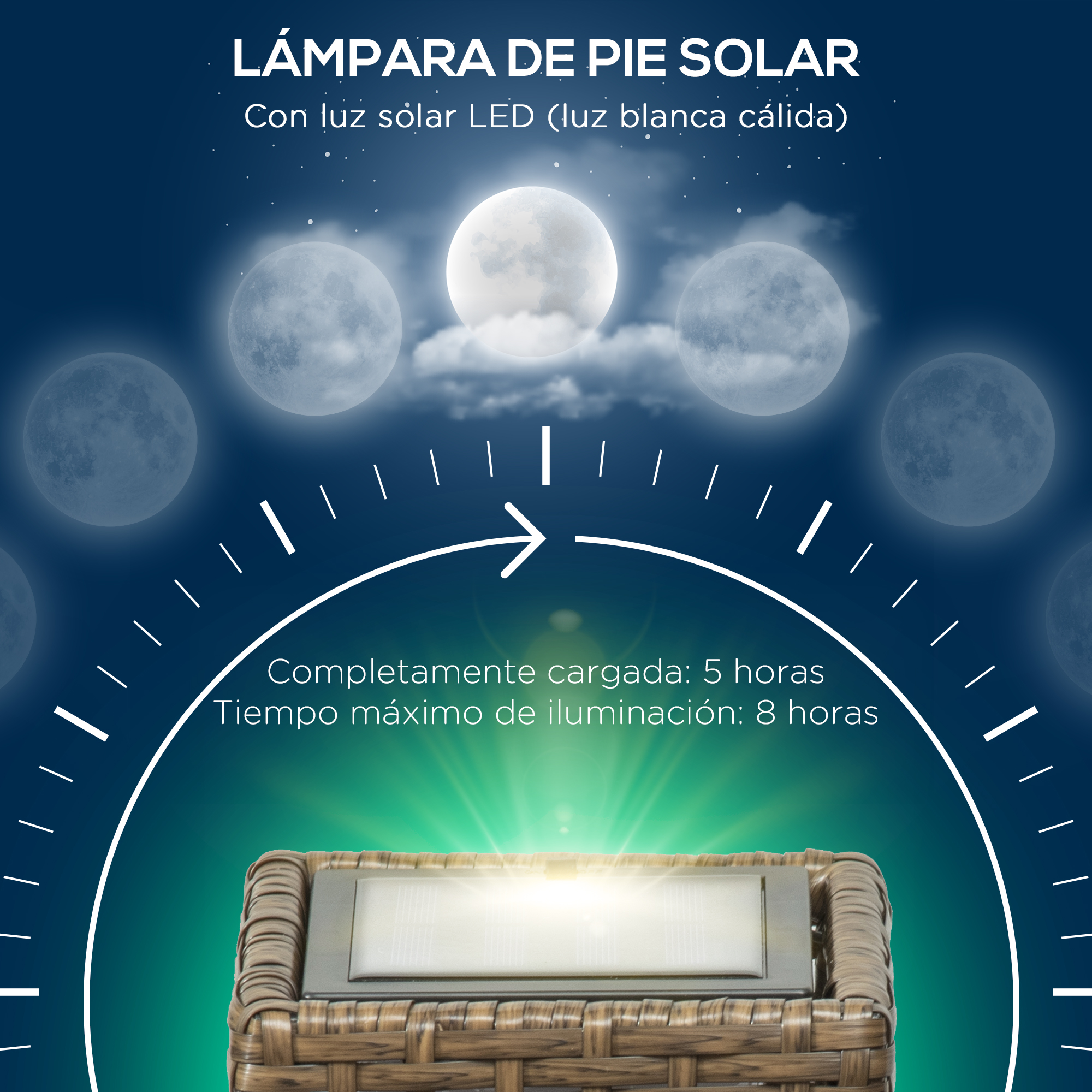 Luminária de jardim solar Outsunny em rattan sintético com luzes LED, liga/desliga automático, ideal para terraços, varandas e pátios, 15,5 x 15,5 x 69 cm, cor areia.