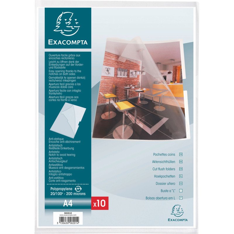 Chemise coin plastique Exacompta A4 polypropylène 20/100e transparente incolore - Paquet de 10