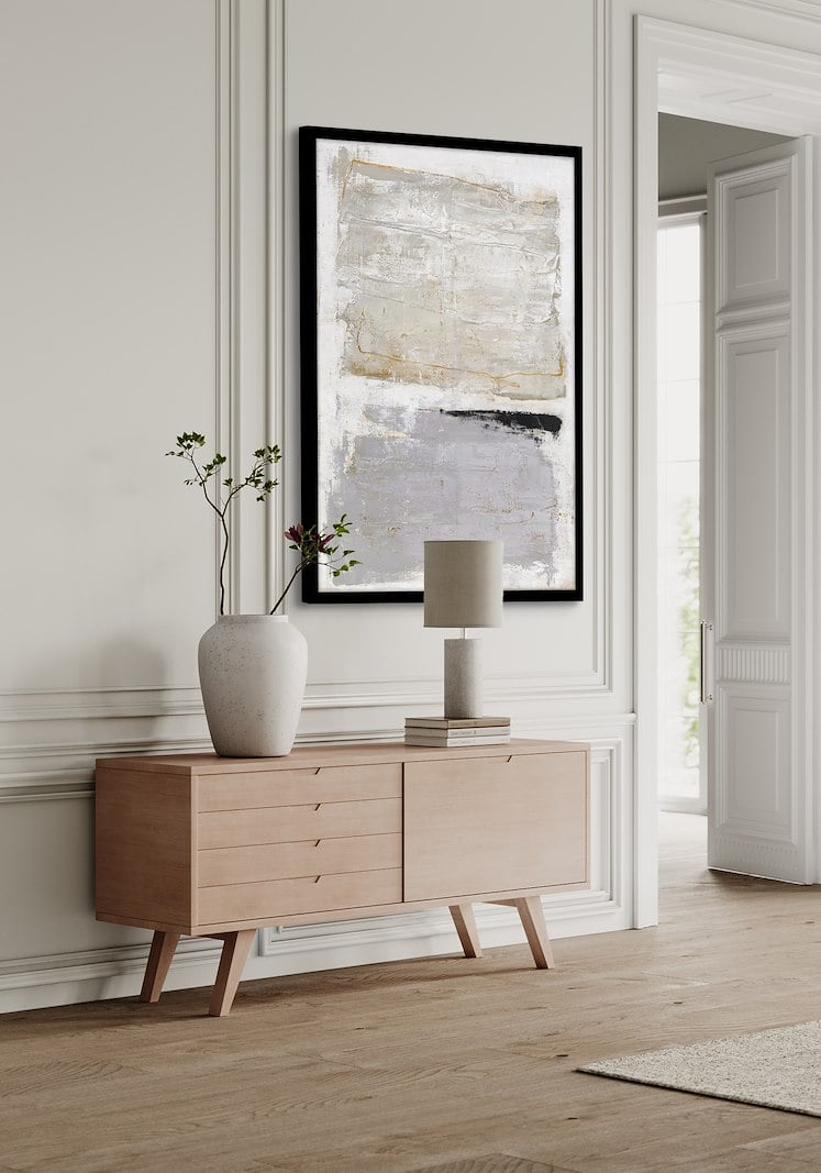 Scenario II bilde Beige, grått og sort maleri, med brun ramme 90x120 cm