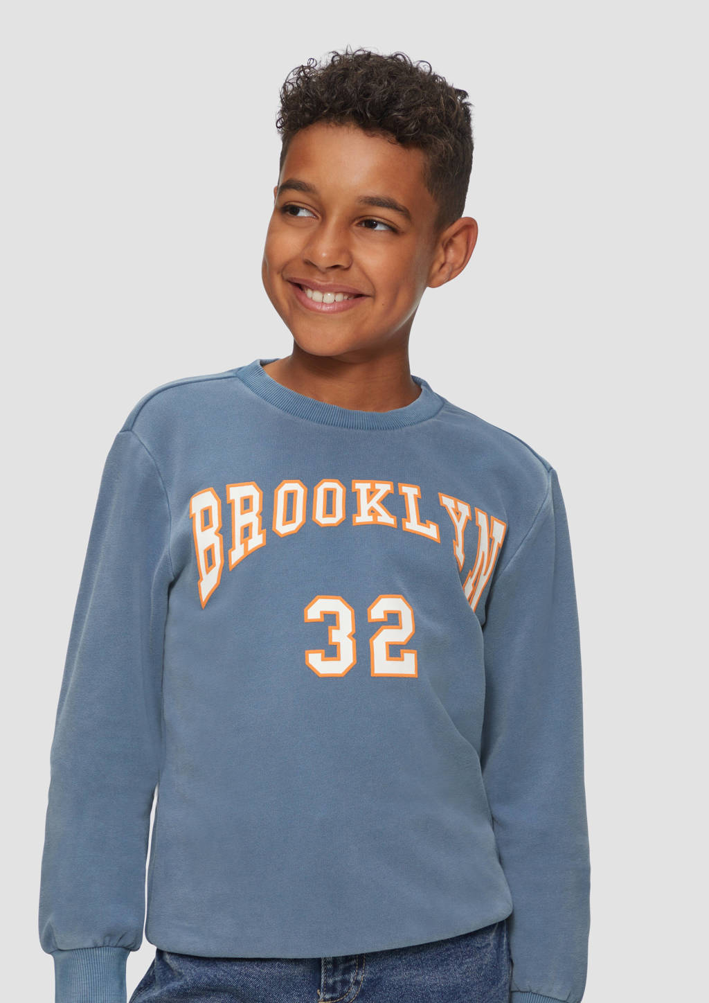 s.Oliver sweater met printopdruk blauw/wit/oranje