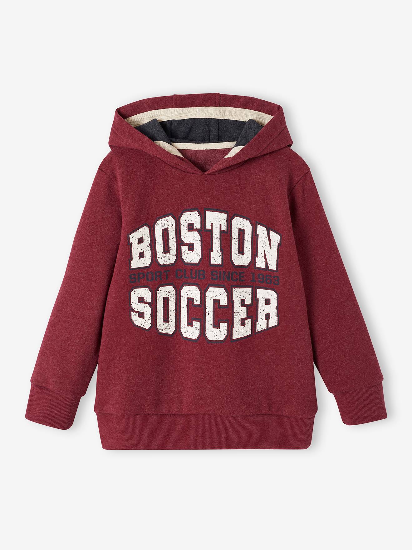 Conjunto de treino infantil: casaco com capuz em fleece vermelho mesclado e calça de moletom.