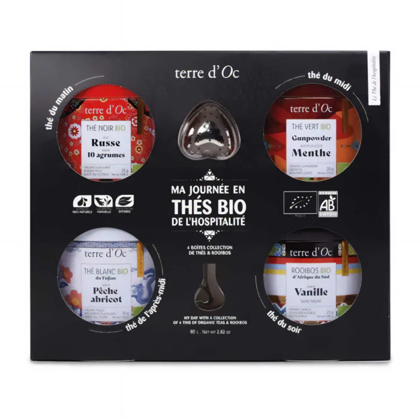 Coffret 4 thés bio pour la journée et cuillère filtre à thé