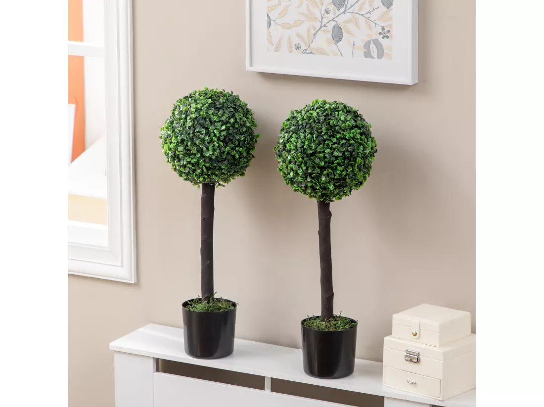 Lot de 2 buis artificiels topiaires artificielles en forme de boule dim. Ø 20 x 60H cm pots inclus