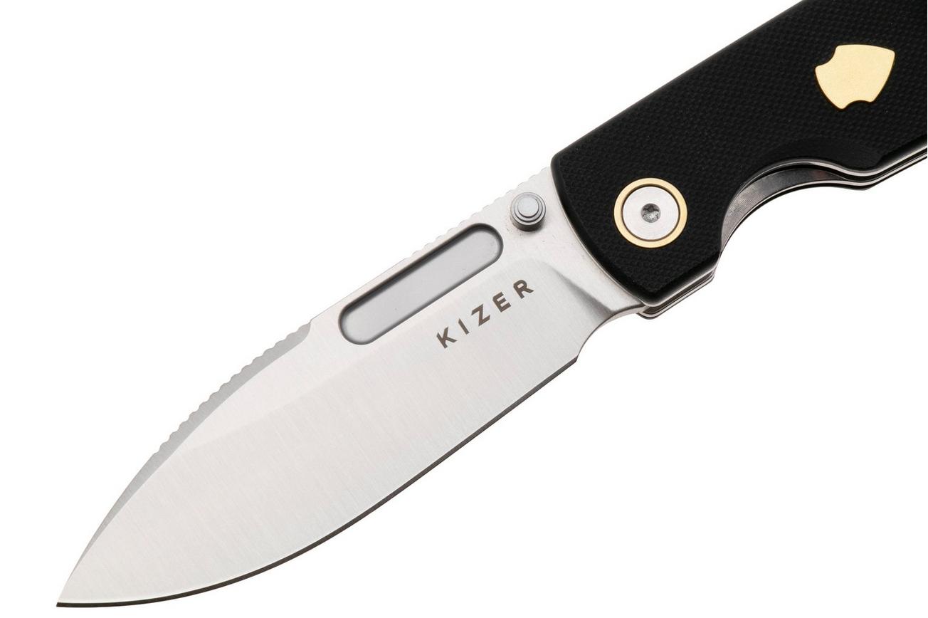 Kizer Vanguard Retro V4726A2 Satin Nitro-V, Black G10 Brass, zakmes, Johan Jordaan design