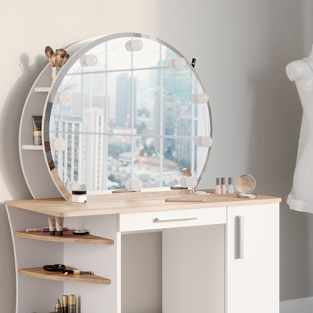 Vicco Schminktisch Frisiertisch Kosmetiktisch Almina Weiß Sonoma Schminkspiegel 100x143 modern LED Beleuchtung Schlafzimmerkommode Schminkkommode Schublade Frisierkommode Make-Up-Tisch