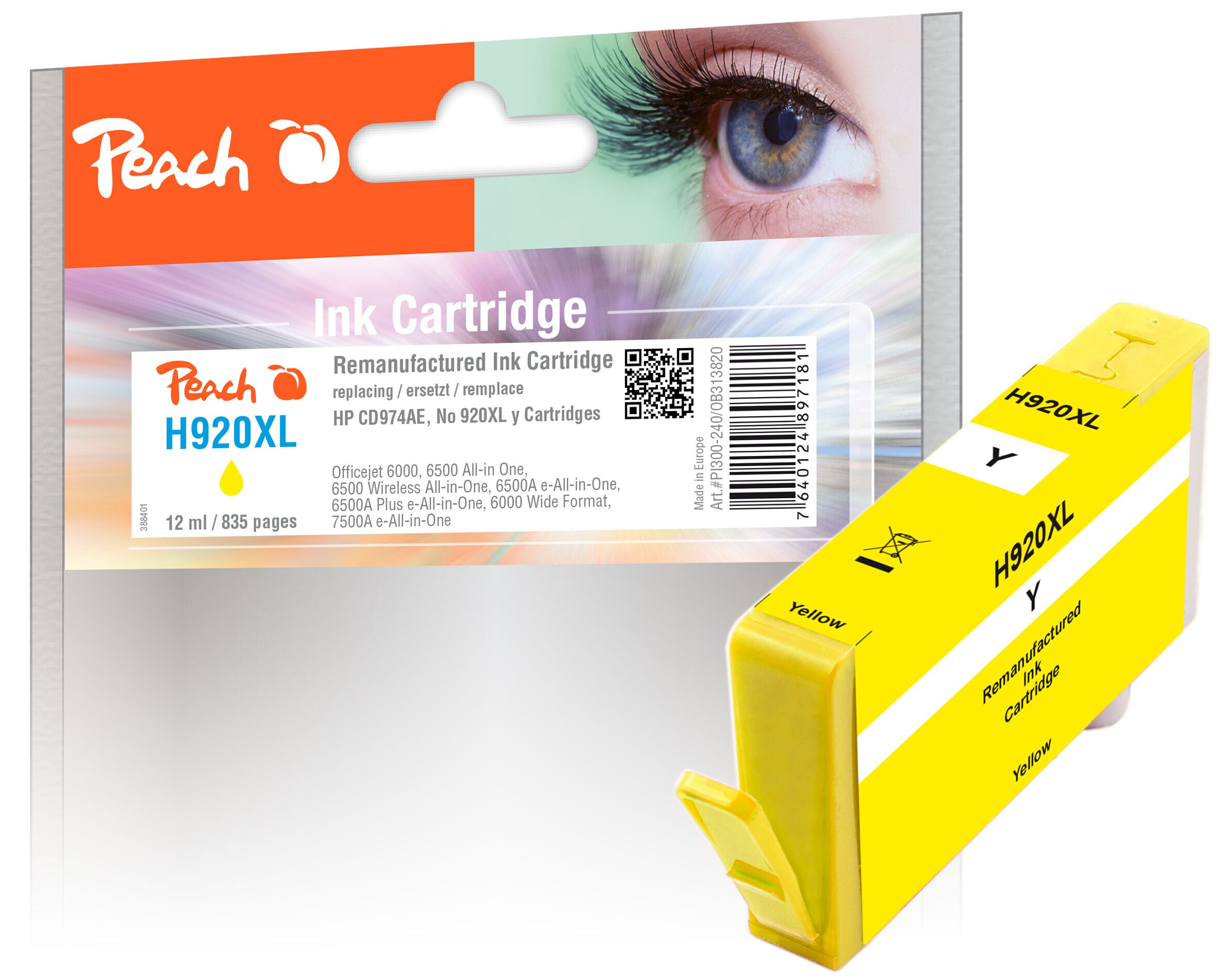 Peach HP 920 XLy Druckerpatrone XL ye ersetzt HP No. 920XL y, CD974AE für z.B. HP OfficeJet 6500 A, HP OfficeJet 6500, HP OfficeJet 6000 (wiederaufbereitet)