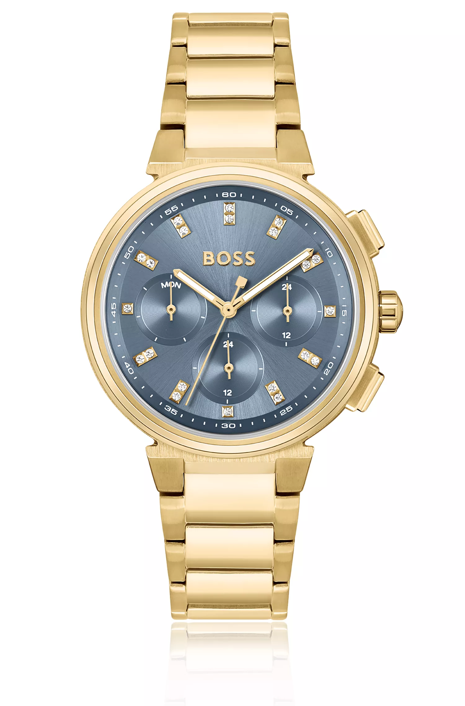 Relógio BOSS em tons de preto e dourado com marcadores de horas em cristal.
