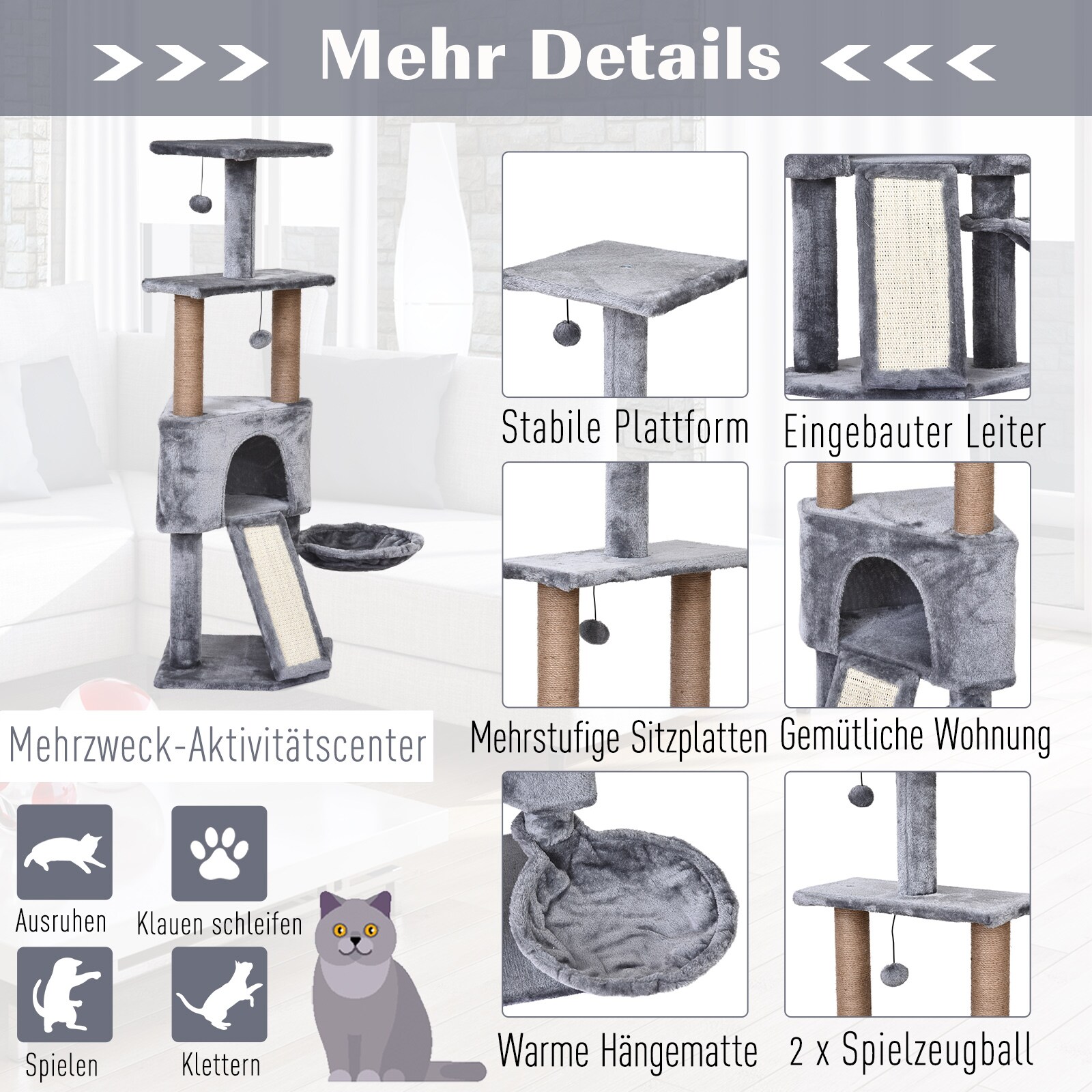 PawHut Katzenkratzbaum mit Hängebett 40 x 40 x 124 cm (LxBxH)