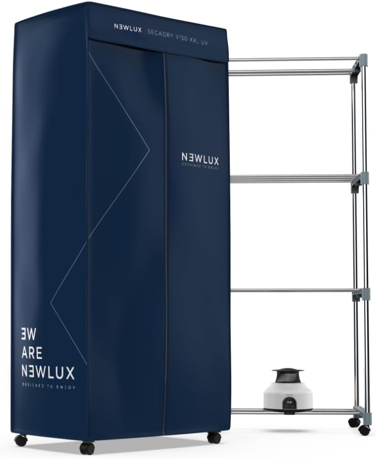 Newlux - Sèche-Linge électrique Portable Secadry Noir avec lumière UV pour désinfecter, 15kg, Temp. 180min, 4 Niveaux, séchoir par Ventilation (1200W) 3 en 1 Sèche-Linge, Armoire, Séchoir à Linge