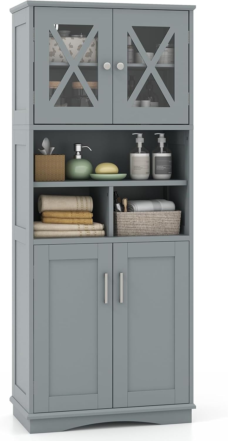 COSTWAY Badezimmerschrank, Badschrank Hochschrank mit 3 verstellbaren Regalen & 4 Türen, Aufbewahrungsschrank Holz für Badezimmer, Wohnzimmer & Küche, 60 x 30 x 145 cm (Grau)