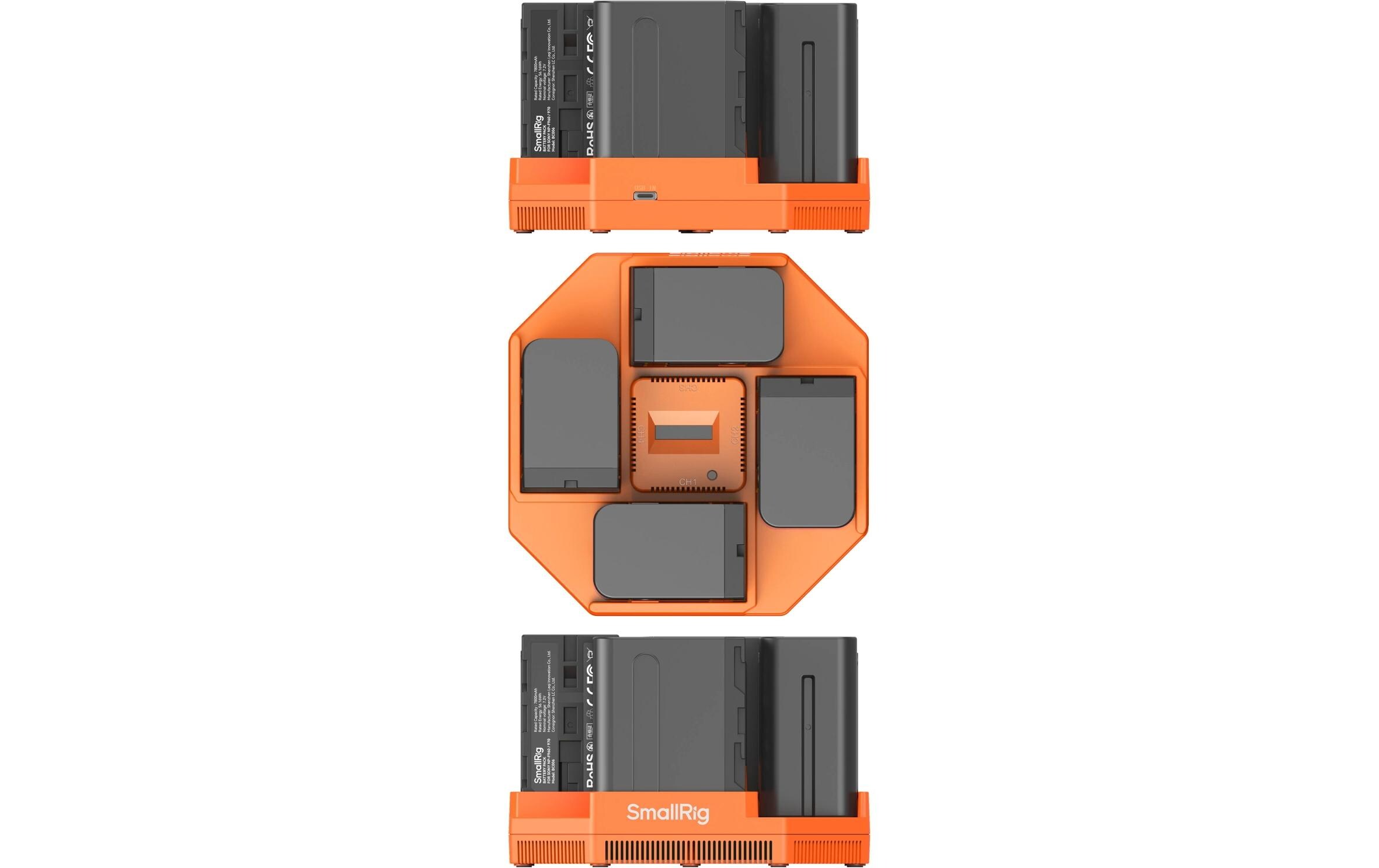 Digitalkamera-Akku Kit und 4-Kanal-Akkuladegerät NP-F970<br>Leistungsstarkes NP-F-Akkuladegerät mit vier Akkus