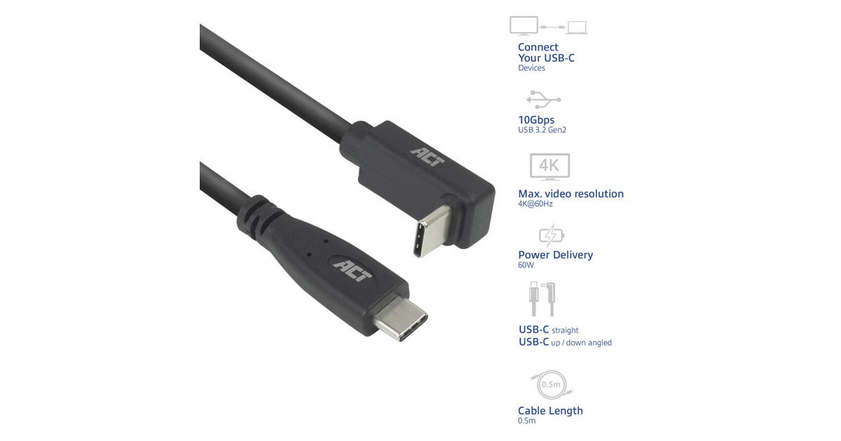 ACT ConnectivityUSB 3.2 USB-C (recht) naar USB-C (omhoog/omlaag haaks) kabel  (Zwart, 10 Gbit/s, 60W, 0,5 meter)