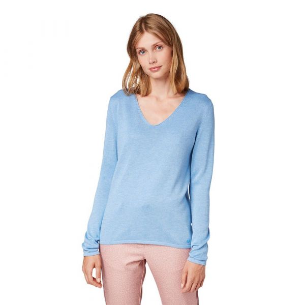 Tom Tailor V-neckline With Front Logo Coin Sweater Azul M Mulher