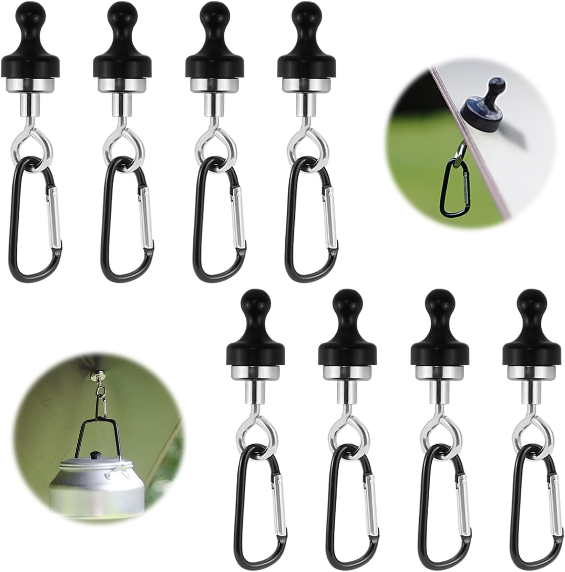 (8er Set) Multifunktionaler Camping Magnet Haken Outdoor Zubehör Halterung mit Karabiner - Schwarz