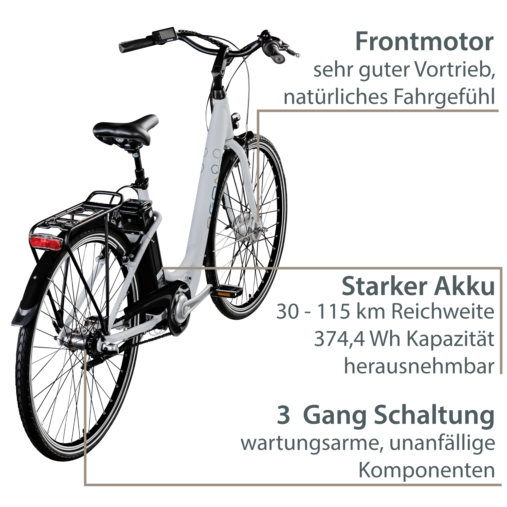 Agon Aurora 28 Zoll E-Bike 28 Zoll Citybike bis 115 km Damen Herren 150 - 175 cm Pedelec Elektrofahrrad 3 Gang und Beleuchtung StVZO