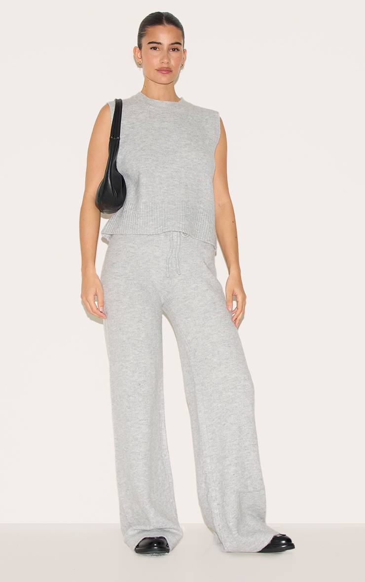 Gris Cendré Pantalon Large En Maille Douce Chiné
