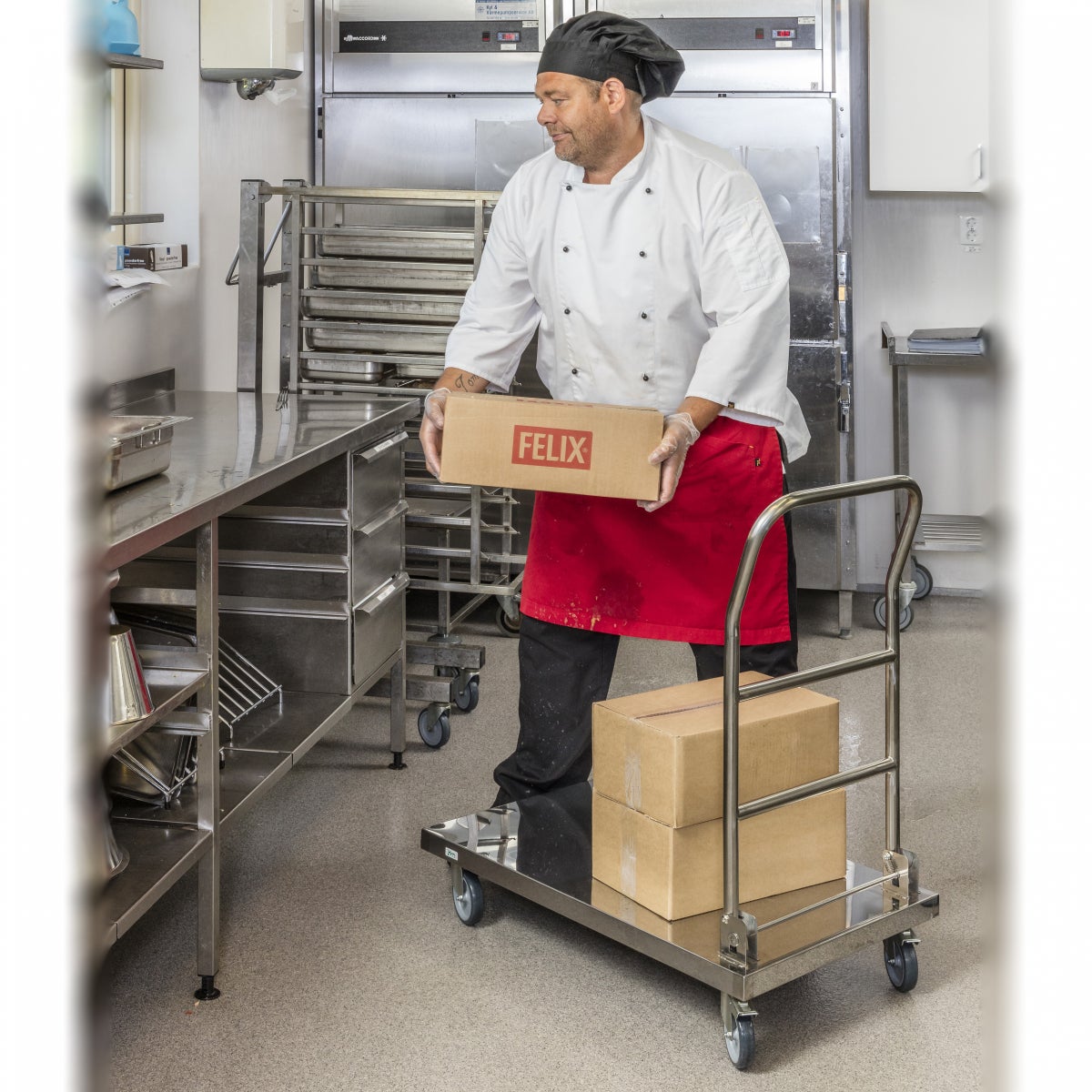 Kongamek roestvrijstalen platformwagen, roestvrij, 800x500x940mm, rubberen banden met remmen
