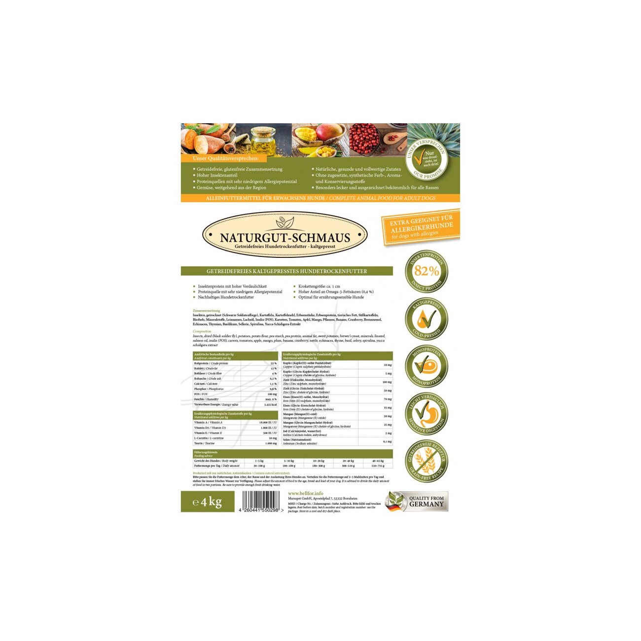 Bellfor Spezielles Futterset für große Hunde mit Leishmaniose - Naturgut-Schmaus 4 kg + Landgut-Happen 200 g + Immun 80 g