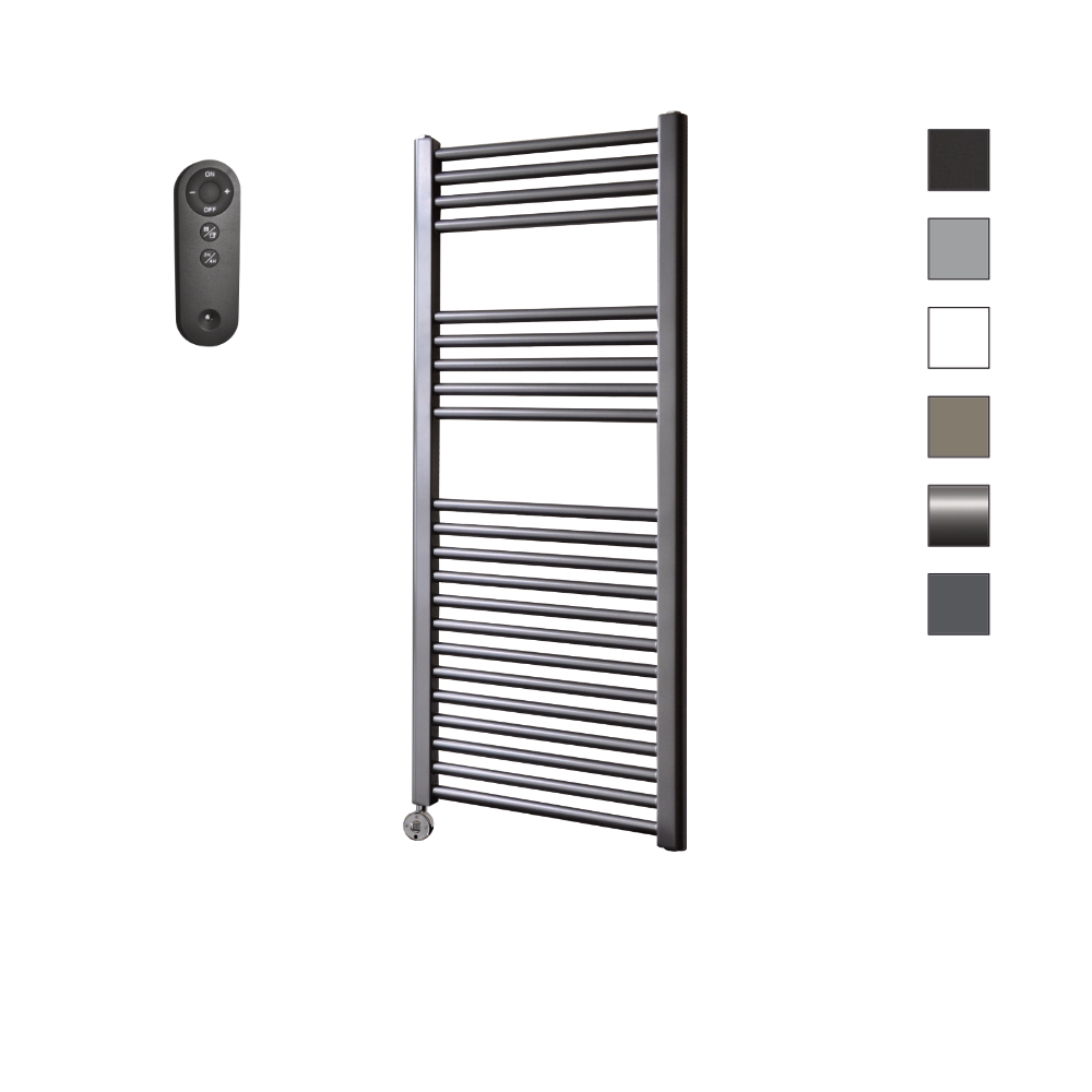 Sanicare HVS elektrische radiator 45x112cm gunmetal met afstandsbediening en thermostaat chroom linksonder