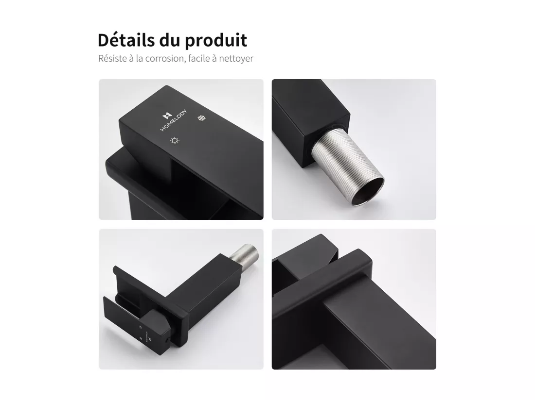 Robinet de Lavabo Cascade Mitigeur de Lavabo Mono-trou Robinetterie Lave-mains Monocommande en Acier Inox Robinet Salle de Bain Noir