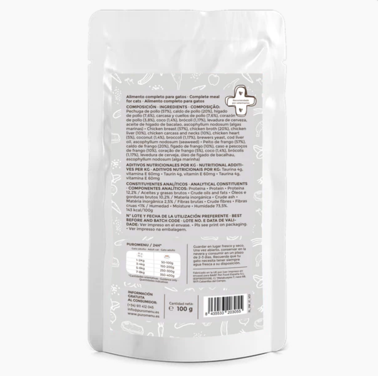 Alimento úmido orgânico para gatos com sabor de frango (100g) | com 96% de carne de frango | Sem grãos | Sem batata | Sem aditivos | Proteína única | 1 sachê de 100g