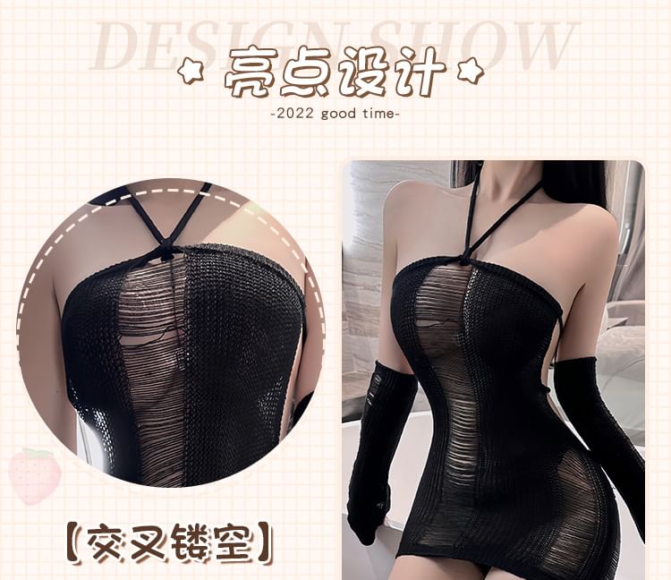 Candyiry - Lingerieset: halterjurk met distressed breisel + mouwtjes