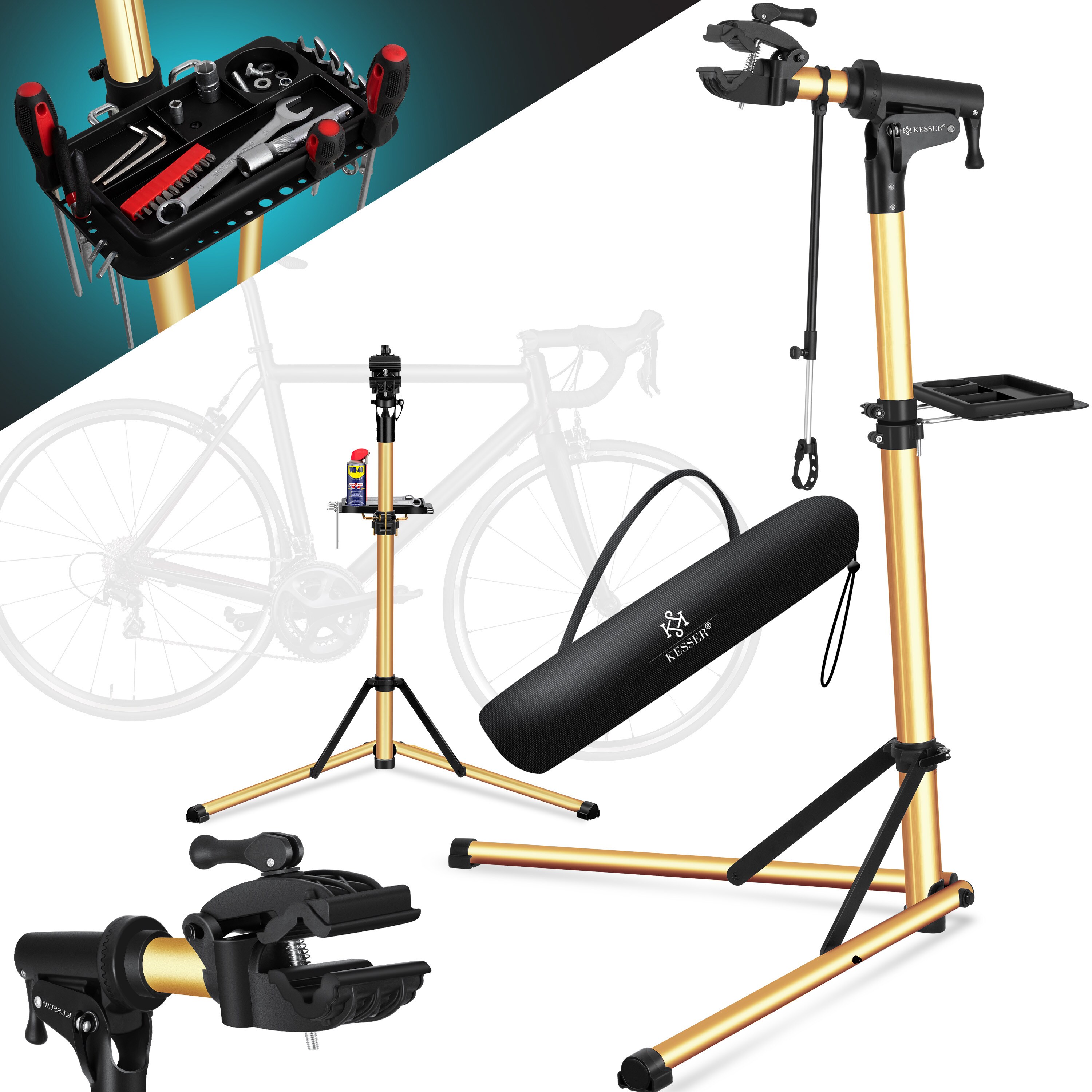KESSER® Fahrradmontageständer Profi Reparaturständer Aluminium für Fahrräder Mountainbikes E-bike Schwerlast-Montageständer Fahrradständer+Tasche mit Schnelllösevorrichtungen Klemmkopf 360° drehbar