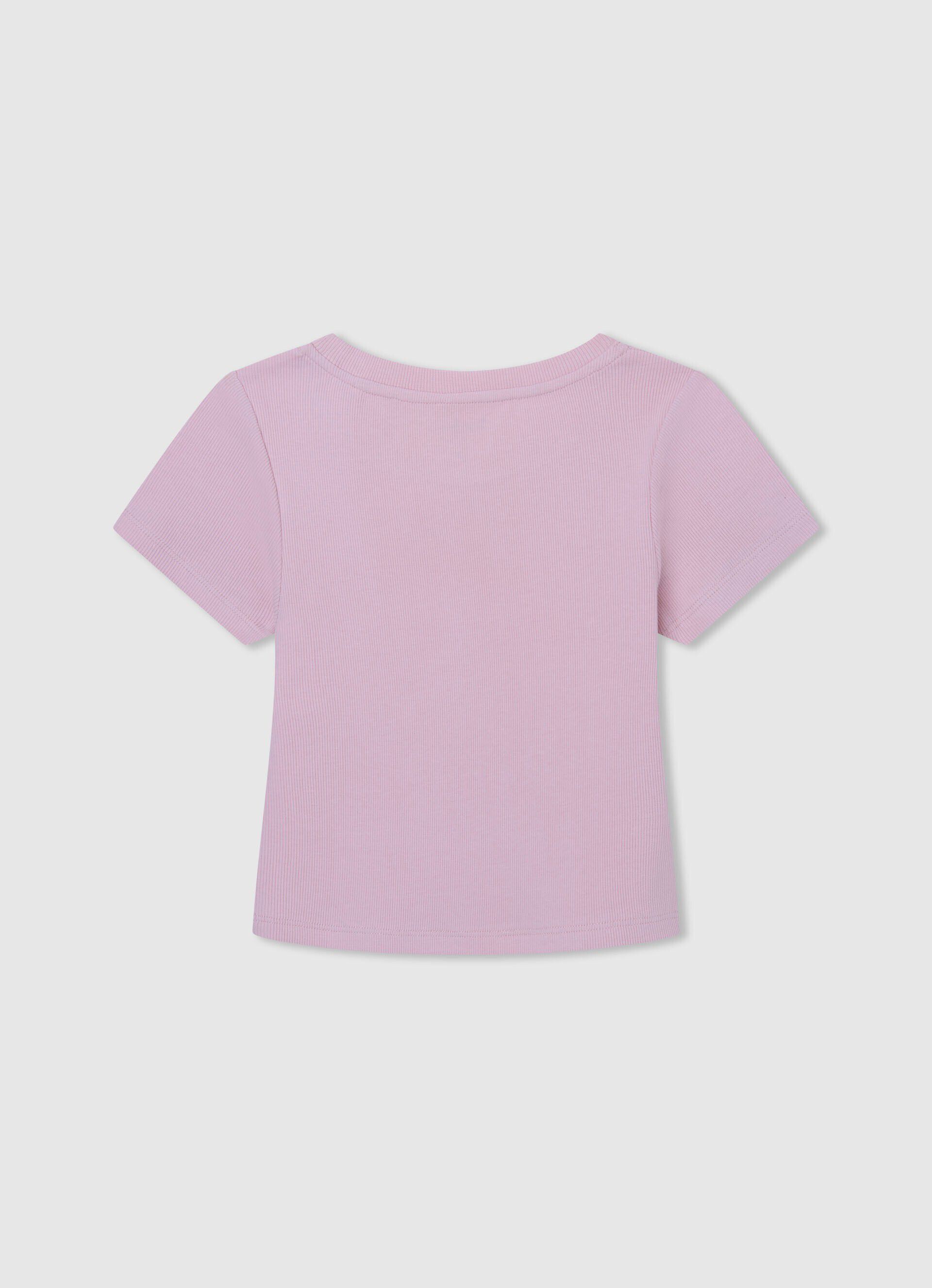 Camiseta canelada com logo bordado - rosa claro