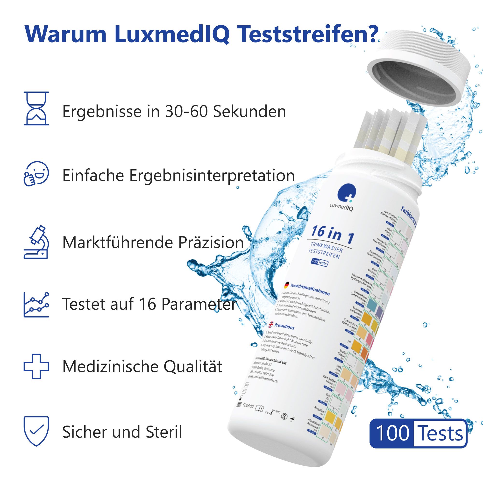 100x Wassertester Trinkwasser 16-in-1 - Trinkwasser Teststreifen zur Prüfung der Wasserqualität