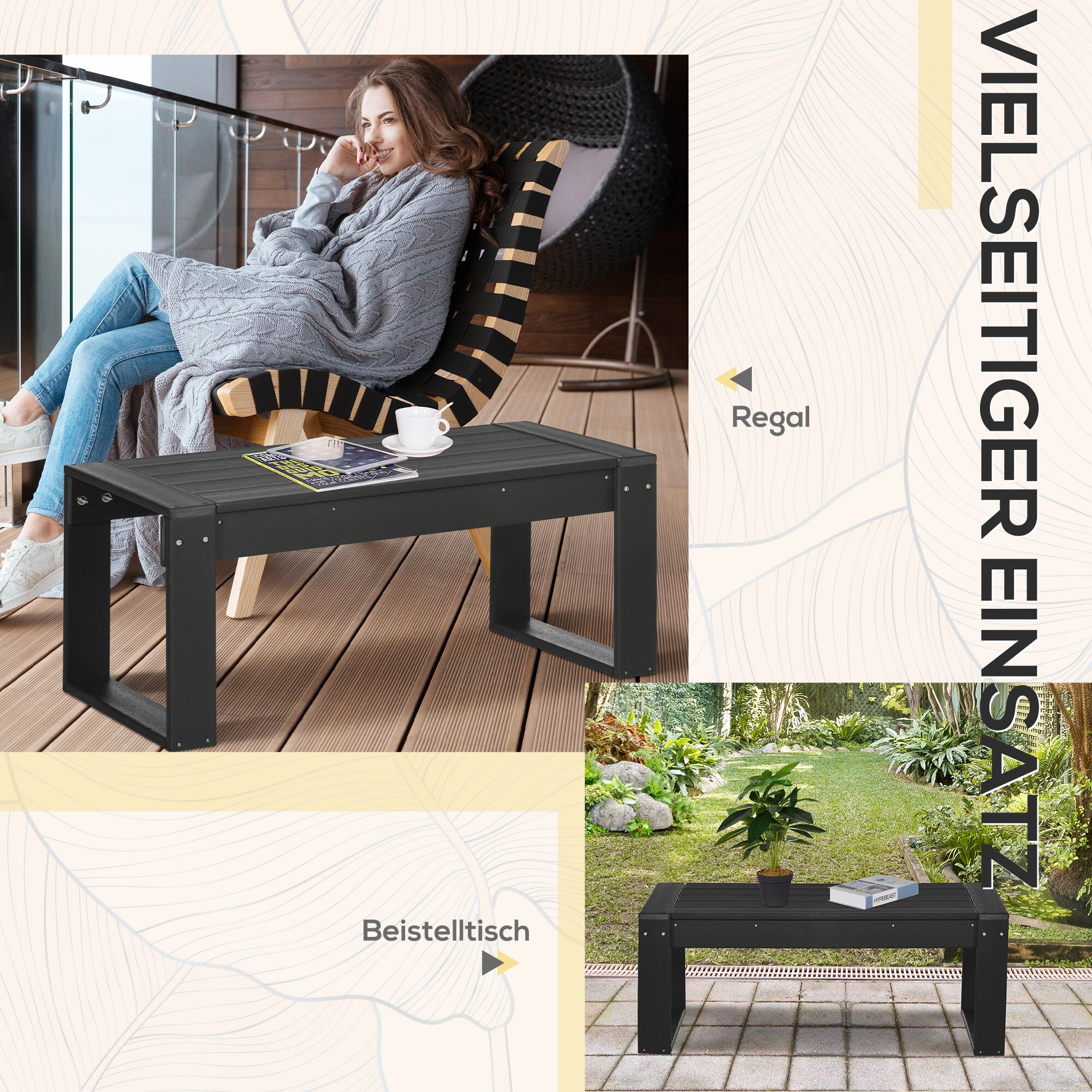 Outsunny Couchtisch mit Beinen schwarz 95L x 42B x 40H cm