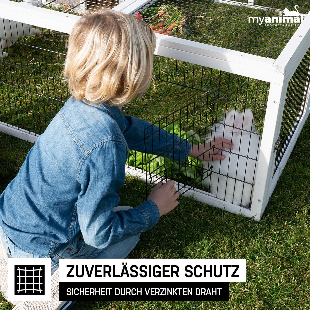 MyAnimal Hasenstall MH-08 Freilaufgehege, Kaninchenstall mit Haus, 3 Außentüren, verzinkter Draht