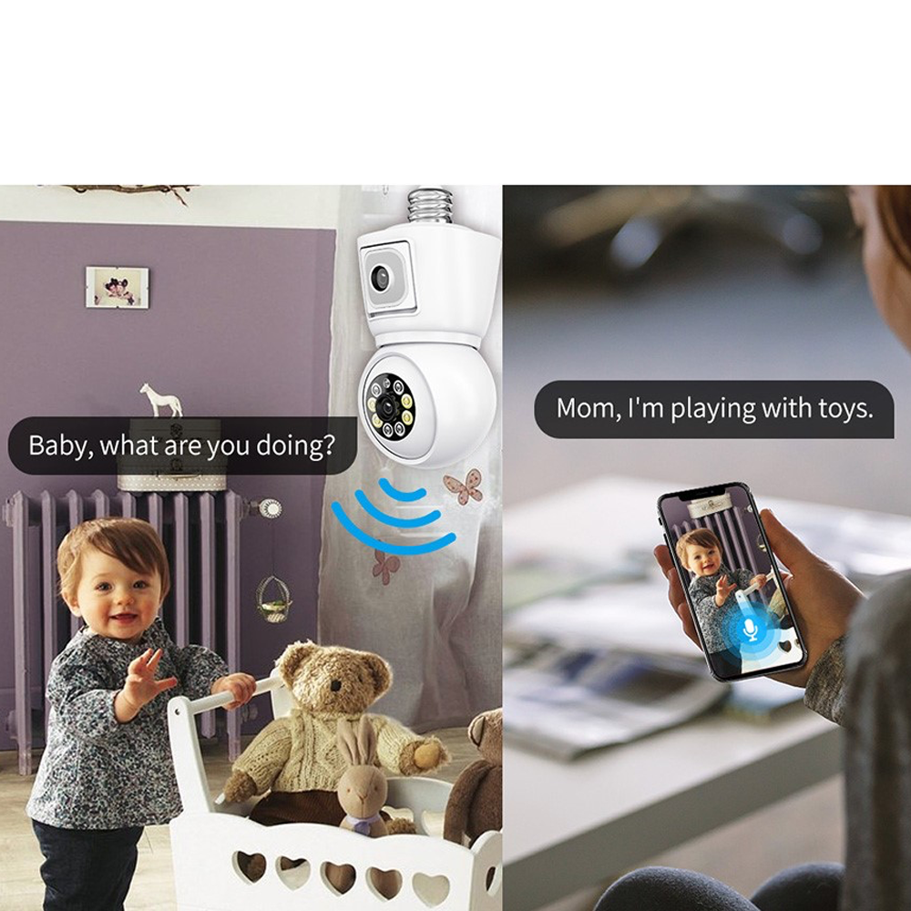 (2x2MP) QF202 E27 Glühbirne Mini WiFi IP 355° Dual Kamera mit Nachtsichtfunktion / Bewegungserkennung / 2-Wege-Audio / Micro SD - Weiss