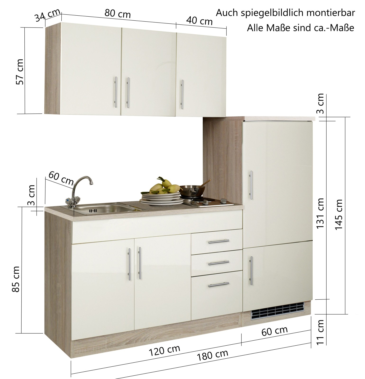 Single-Küche TORONTO - weiß - mit E-Geräten - 180 cm