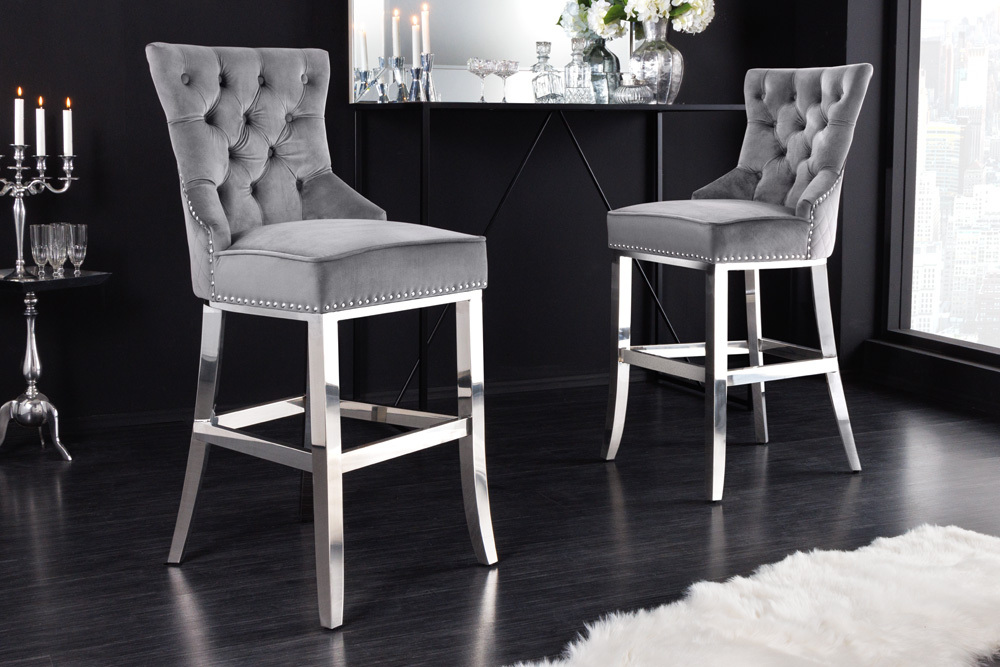 Design Barhocker CASTLE DELUXE grau Samt silber Edelstahl mit Lehne Chesterfield