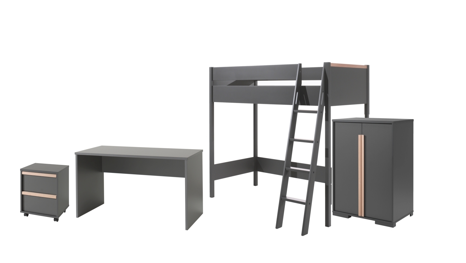 4-teiliges Hochbett-Set LONDON - anthrazit - 90x200 cm