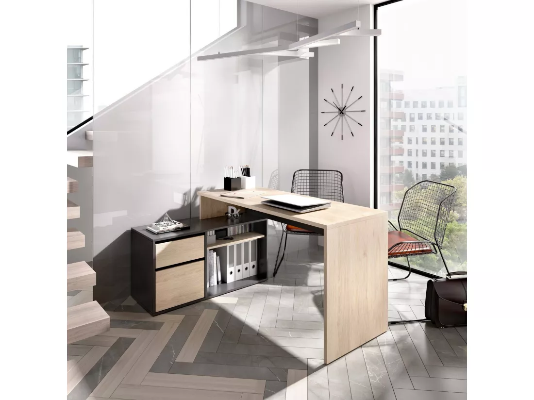 Bureau Gardena, Bureau multi-positions pour le bureau ou la chambre, Table d'étude d'angle polyvalente, 139x92h75 cm, Chêne et Anthracite