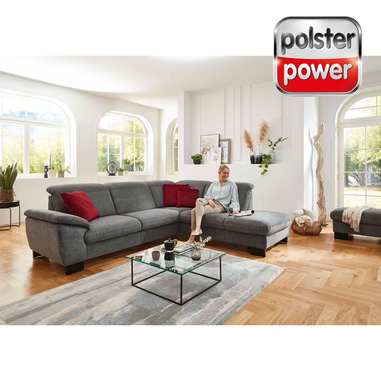 polsterpower Ecksofa - anthrazit - mit Funktionen - Anstellhocker rechts
