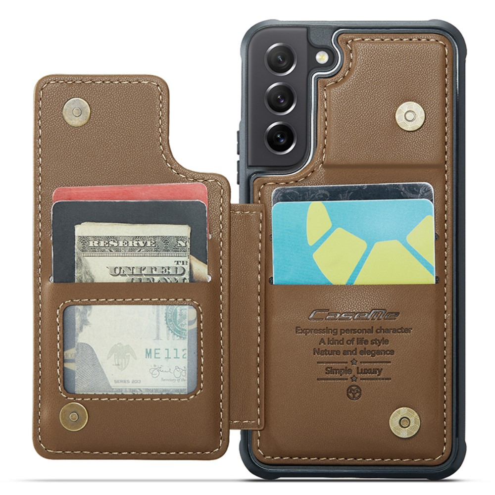 Samsung Galaxy S21 FE 5G Leder Hülle mit Kartenfächern im Litchi Look   Kickstand (RFID Schutz) - Braun