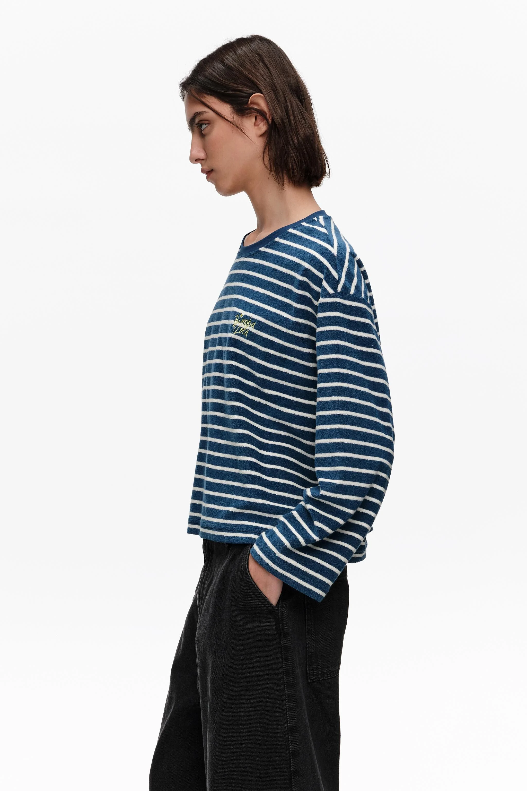 Camiseta de manga comprida listrada azul marinho