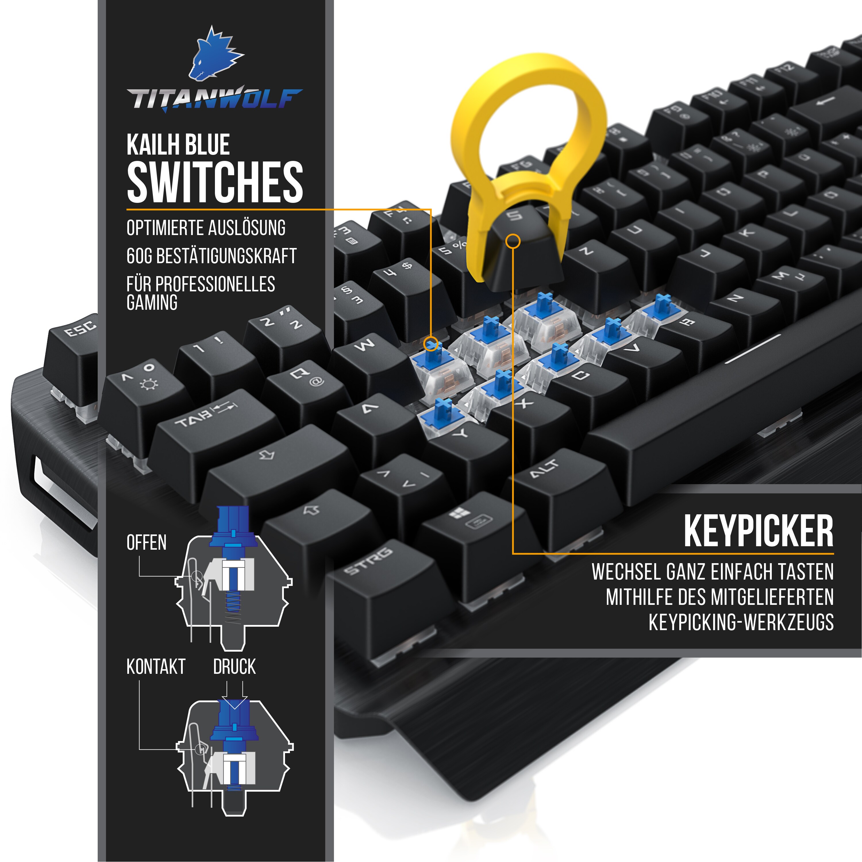 Titanwolf Gaming-Tastatur, mechanisches Keyboard, Anti-Ghosting, Kailh Blue, LED-Beleuchtung