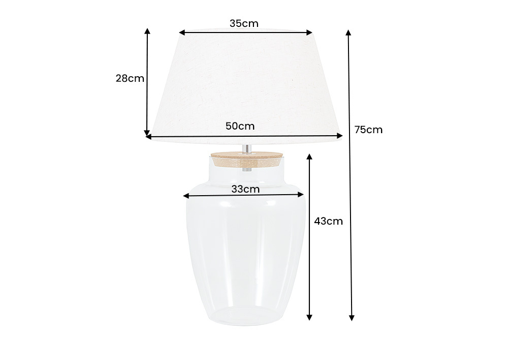 Befüllbare Tischlampe CLASSICO 75cm weiß transparent Glas mit Leinenschirm