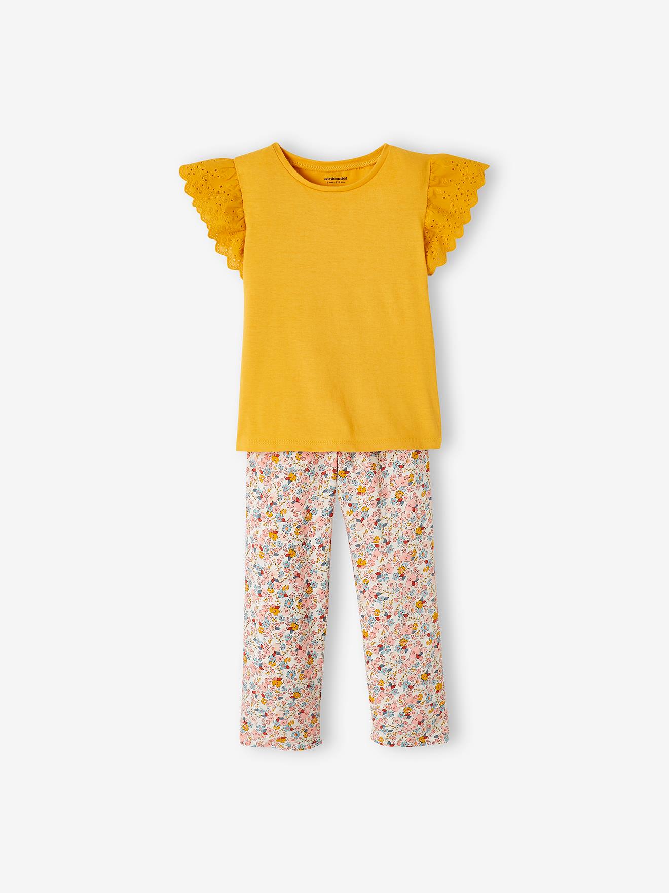 Conjunto de camiseta com nó e calça fluida estampada, para meninas, na cor amarela lisa tamanho médio.