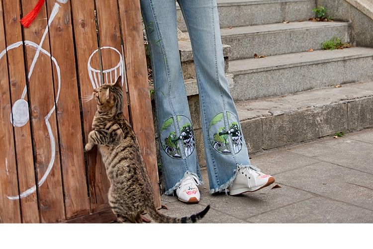 Catamin - High Rise geborduurde gewassen gerafelde kikkerknoopjes flared jeans