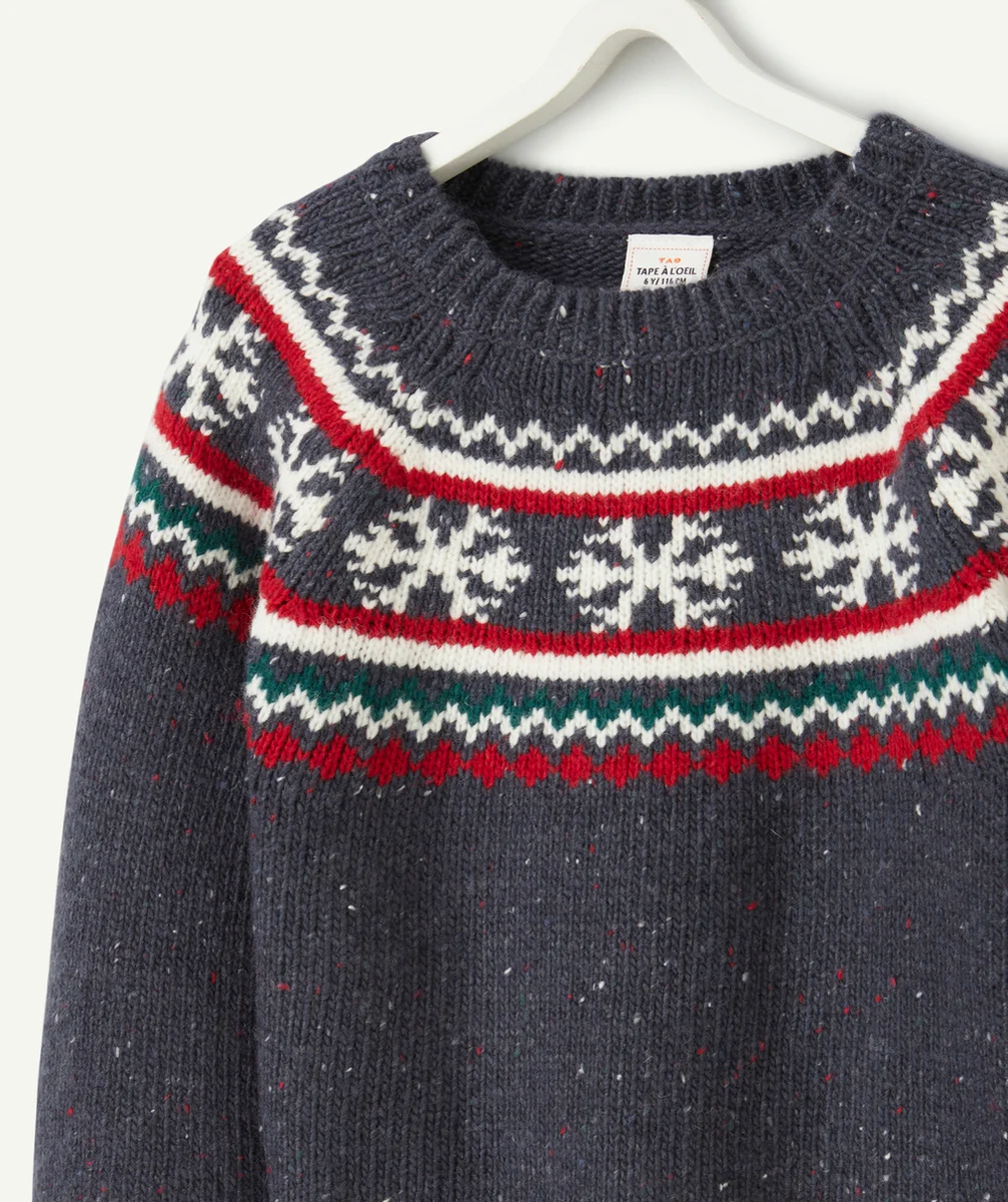 PULL DE NOËL GARÇON EN TRICOT JACQUARD BLEU MARINE MOUCHETÉ