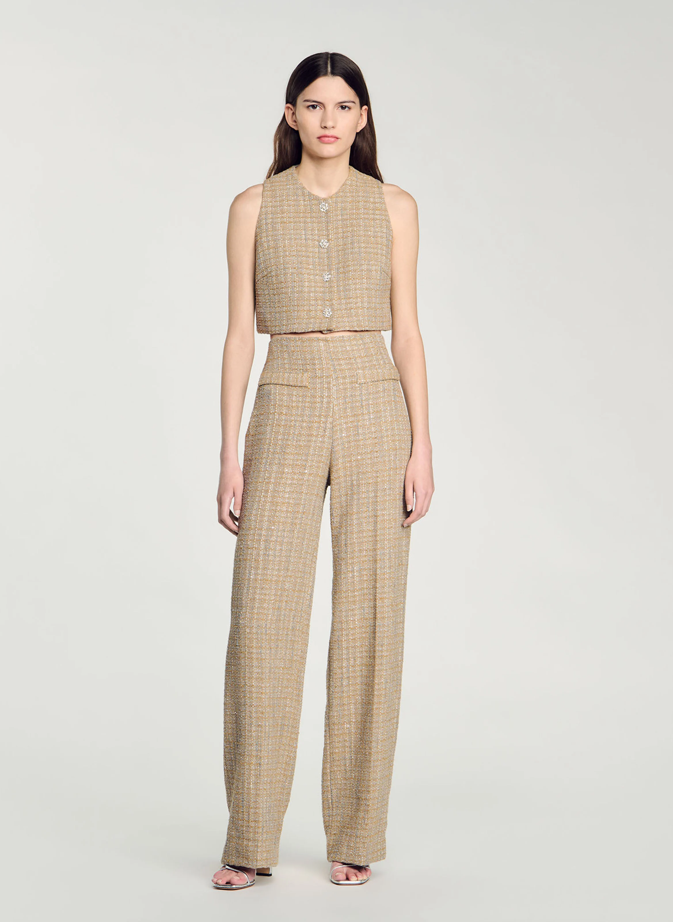 Pantalon en tweed droit taille haute | Marron