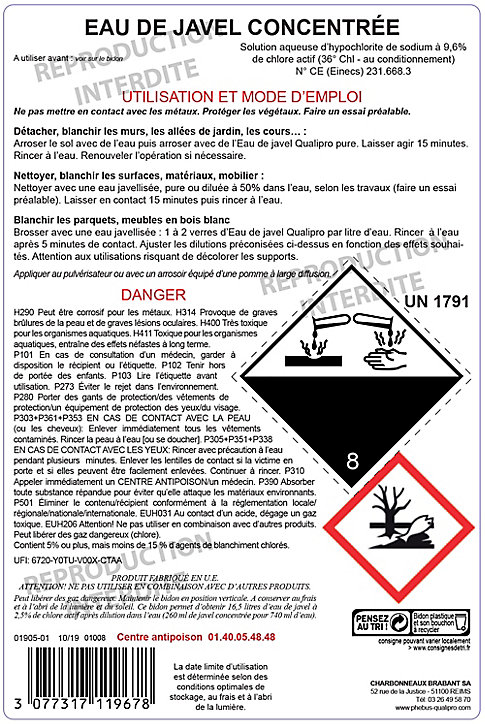 Eau de javel concentrée 36° qualité professionnelle Qualipro 5L