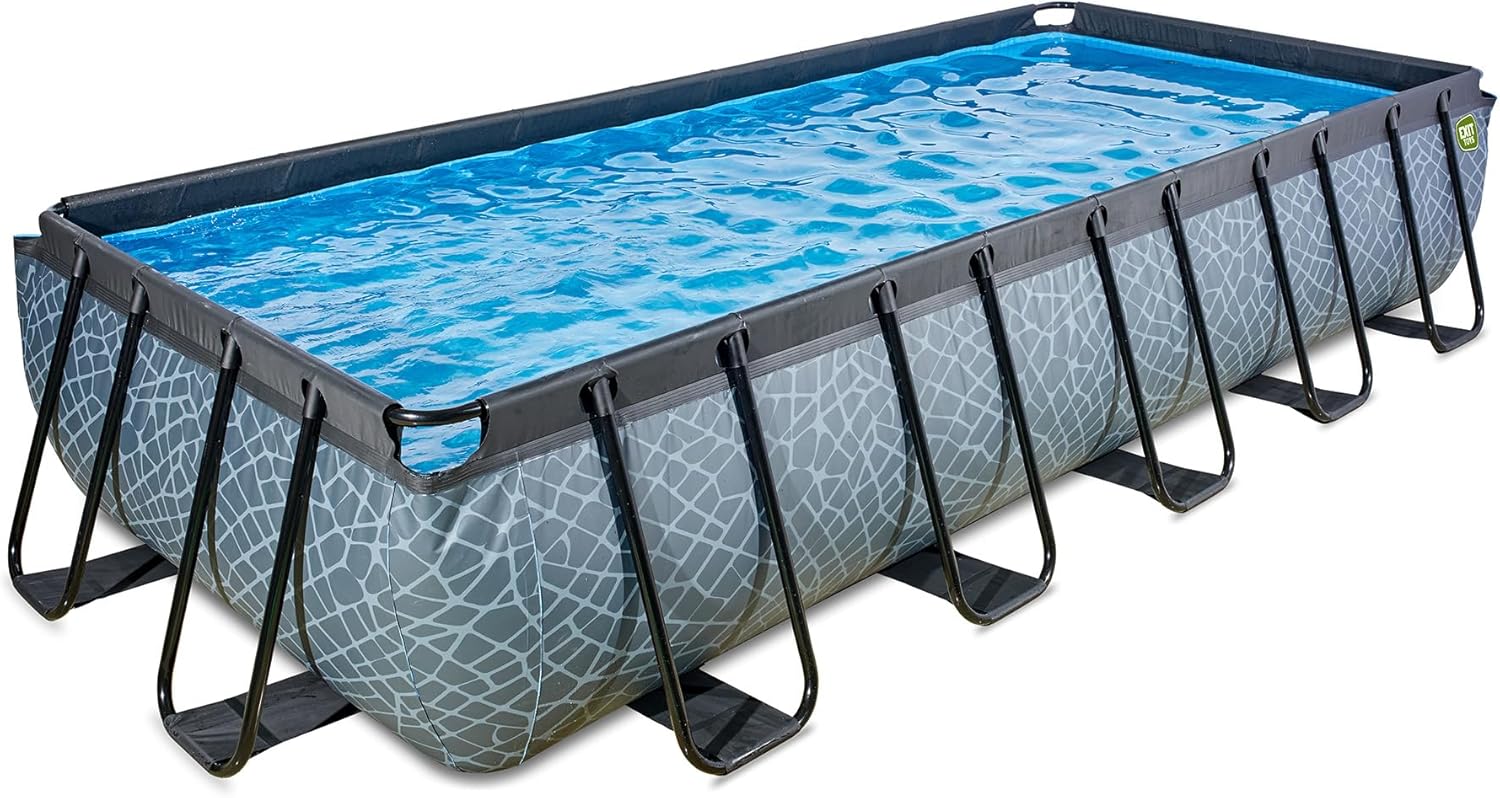 EXIT Toys Stone Pool - 540x250x100cm - Großer, Rechteckiger Rahmenpool mit Sandfilterpumpe - Extra tiefer Pool - Starker Rahmen - Inklusive Poolleiter - Einzigartiges Design - Grau